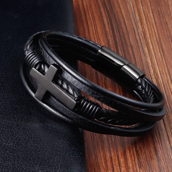 Bracelet Vintage en cuir véritable pour hommes, en acier inoxydable, tissé, croix, multicouche, accessoire de bijoux, cadeau – Image 7