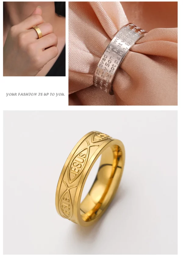 Teamer Bagues en acier inoxydable de poisson de Jésus pour les femmes et les couples, matiques de doigt larges, amulette de prière religieuse et chrétienne, cadeau de bijoux, nouveau – Image 18